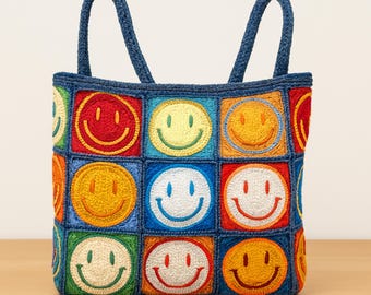 Bolso de mano cuadrado de abuela con cara sonriente de crochet, patrón de bolso de mano cuadrado de abuela hecho a mano, descarga digital en PDF