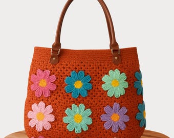 Patrón de bolso de mano de ganchillo con margaritas y cuadrados de la abuela, bolso de mano de ganchillo con margaritas y cuadrados de la abuela, patrón en PDF de descarga instantánea