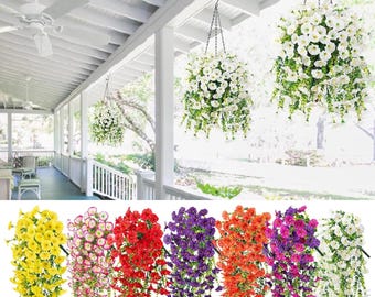 Flores artificiales colgantes, petunias de seda, flores artificiales resistentes a los rayos UV, plantas colgantes para exteriores, decoración para bodas, hogar y jardín.
