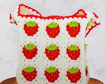 Patrón de crochet - Bolso tote cuadrado de abuela con fresas Patrón de crochet Bolso de verano Bolso de hombro con flores Patrón de crochet Bolso con fresas PDF