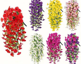 Guirnalda artificial de campanillas, flores colgantes violetas artificiales, decoración de exterior de plástico