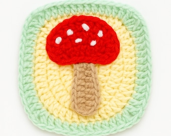 Patrón de Cuadrado de la Abuela con Hongo a Crochet, patrón de cuadrado de la abuela a crochet, descarga digital de Cuadrado de la Abuela y Hongo en PDF con videotutorial