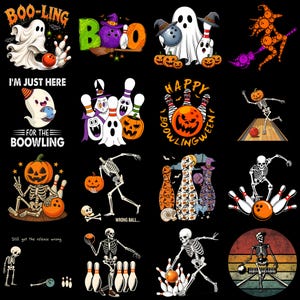 May include: A collection of sixteen Halloween-themed bowling graphics featuring ghosts, skeletons, pumpkins, and bowling pins. The designs include text such as BOO-LING, I'M JUST HERE FOR THE BOOWLING, HAPPY BOOWLINGWEEN, and WRONG BALL.