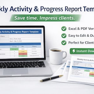 Puede incluir: Un portátil muestra una "Plantilla de informe semanal de actividades y progreso" con un diseño azul y blanco. Una taza de café blanca, un bolígrafo e informes impresos están sobre el escritorio. El texto dice "Ahorra tiempo. Impresiona a tus clientes."