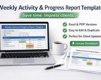 Weekly Activity & Progress Report Template | Simple Client Update | Professional Work Report | Excel and PDF