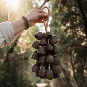Peut inclure: Un carillon éolien suspendu composé de nombreux segments de coque de noix de coco texturés brun foncé, suspendus par une ficelle claire à une boucle centrale enveloppée de corde en fibre naturelle, formant un groupe d'éléments arrondis.