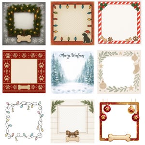 May include: Nine different square frames with holiday and winter themes. Frames include Christmas lights, dog paw prints, pine branches, and ornaments. Some frames have a bone-shaped cutout.