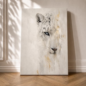 Snow Leopard Wall Art, Snow Leopard Canvas Print, White Leopard Painting, Luxury Wildlife Artwork, Neutral Animal Wall Decor