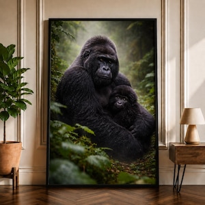 Può includere: Una stampa artistica da parete incorniciata raffigurante un grande gorilla nero che tiene in braccio un piccolo gorilla in un ambiente boschivo verde e rigoglioso. Il gorilla adulto ha una folta pelliccia scura e un'espressione concentrata, mentre il piccolo riposa sul petto.