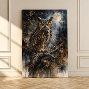 Leinwandbild: Virginia-Uhu im Mondlicht – Dramatische Wald-Aquarellkunst