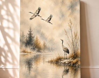 May include: A rectangular canvas print featuring a watercolour painting of three cranes in a misty landscape. Two cranes are flying in the upper left, while one stands on the grassy bank of a calm lake. Pine trees and golden foliage are visible.