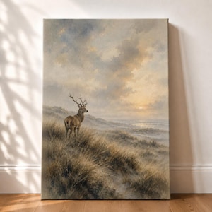 Arte de parede minimalista com veados, impressão em tela de veado costeiro, pintura neutra de vida selvagem, decoração escandinava inspirada na natureza, obra de arte costeira.