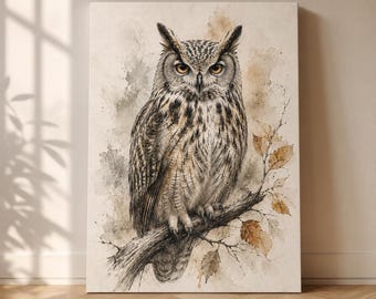 May include: A vertical rectangular canvas print featuring a detailed watercolour illustration of a great horned owl perched on a branch. The owl has brown, black, and white feathers with piercing yellow eyes, set against a neutral, textured background.
