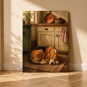 Könnte beinhalten: Ein Gemälde eines braun-weißen Beagles, der auf einem gewebten Teppich in einer Küche schläft. Die Szene zeigt einen hellen Holzschrank, eine an der Wand hängende Kupferpfanne, eine Schale mit roten Äpfeln und eine Topfpflanze auf einem Beistelltisch.
