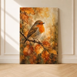 Könnte beinhalten: Ein rechteckiger Leinwanddruck mit einem Aquarellbild eines kleinen Rotkehlchens, das auf einem dünnen Ast sitzt. Der Vogel hat eine leuchtend orangefarbene Brust und braune Flügel. Der Hintergrund besteht aus herbstlichen Blättern in Gold und Braun.