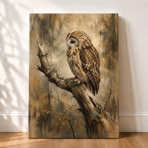 Eule Wandkunst, Rustikale Eule Leinwanddruck, Waldvogel Kunstwerk, Naturmalerei, Walddekor
