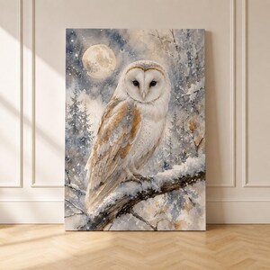 Leinwandbild einer Schleiereule im Mondlicht – Ruhige Winterwald-Aquarellkunst