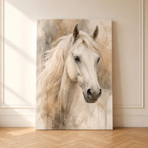 Elegant White Horse Watercolor Canvas – Neutral Equestrian Art