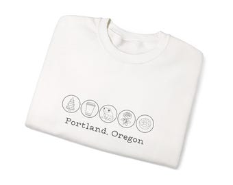 Portland Icons Crewneck-tröja | Rosornas stad, munkar, kaffe, fredsgroda, vintergröna träd