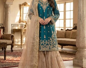Pakistaans sharara-pak – geborduurde Kurti, Palazzo, Dupatta-set – Eid-outfit voor bruiloftsfeest
