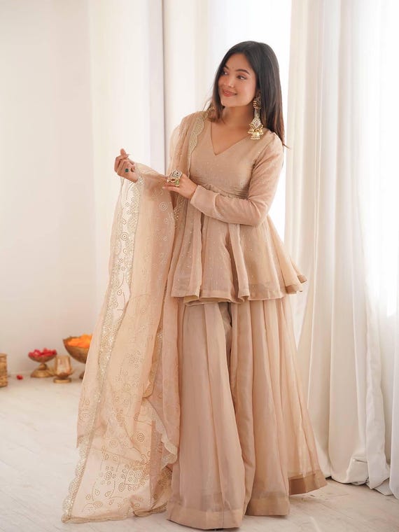 Beige Peplum Kurti Sharara Set with Embroidered Dupatta | Festive Indian Ethnic Wear