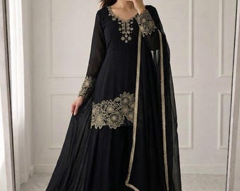Set zwarte geborduurde anarkalijurken | Pakistaanse Georgette-feestkleding tot op de grond