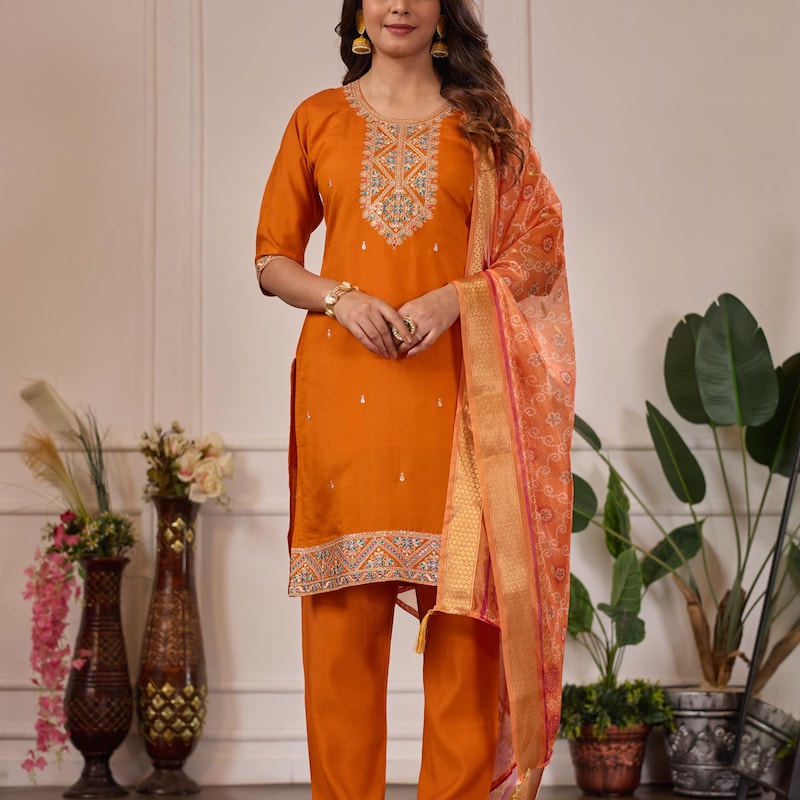 Designer Orange Pashmina Winter Dress Material with Printed Chanderi Dupatta GAN54 main image 1