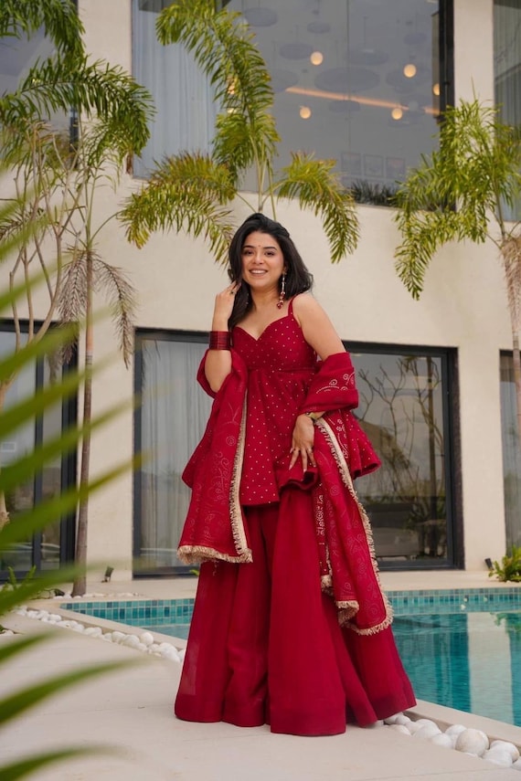 Red Peplum Kurti Sharara Set with Dupatta | Wedding Party Wear Outfit