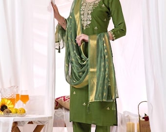 Olijfgroen geborduurde Kurta-set met dupatta | Indiase etnische salwar kameez, feestelijke kleding