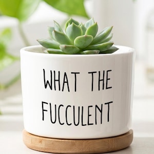 Peut inclure: Un pot de fleurs cylindrique en céramique blanche avec le texte noir WHAT THE FUCCULENT imprimé sur le devant. Le pot contient une plante succulente verte et repose sur une soucoupe circulaire en bois de bambou brun clair.
