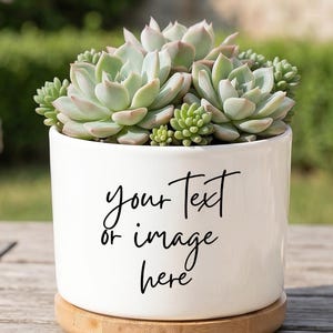 Personalized Ceramic Planter, Custom Text or Photo Succulent Pot, Small Plant Pot with Bamboo Tray, Unique Gift for Friend