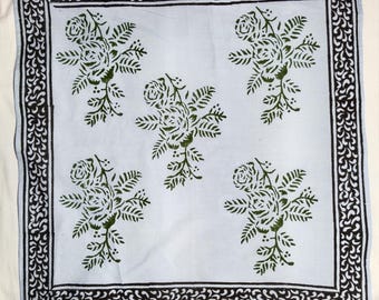 Light Blue Green Floral Hand Block Print Cotton Bandana | Boho Head Scarf | Handmade Cotton Scarf