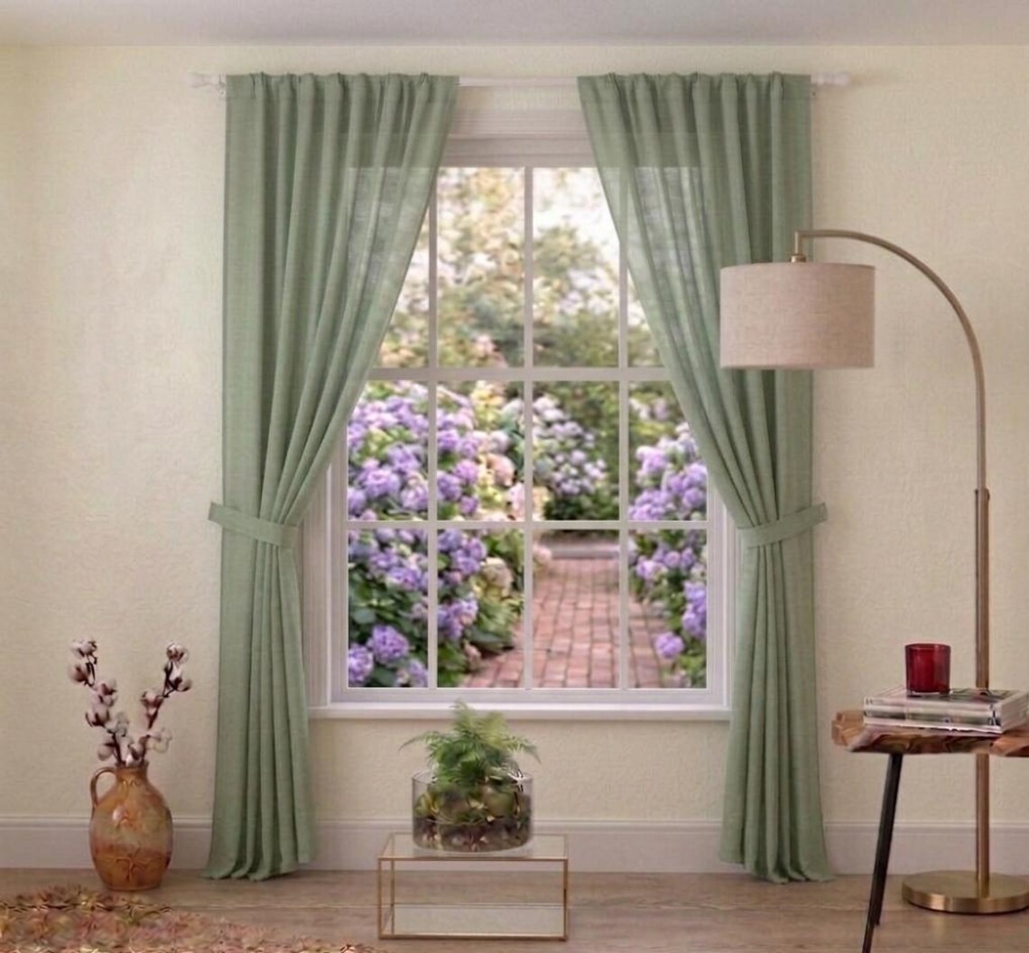 Earthy Window Screen Sage Green Linen Curtains, Sheer Moss Green Drapes, Earthy Living Room ...