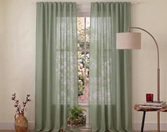 Cortinas de lino verde salvia, visillos verde musgo, decoración natural para sala de estar, tratamiento de ventanas de lino natural, bolsillo para barra, tamaño personalizado.