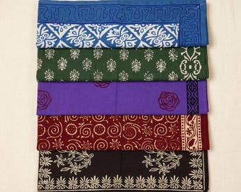 Handblock Bedrucktes Baumwoll Bandana 5er Set - Handgemachtes indisches Halstuch - Boho Haarschmuck - Weicher Baumwollkopfwickel - Unisex Quadrat