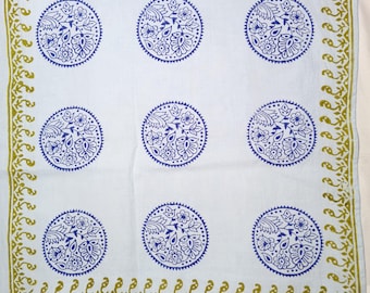 Pale Blue Hand Block Print Cotton Bandana Scarf:Boho Summer Head & Neck Scarf