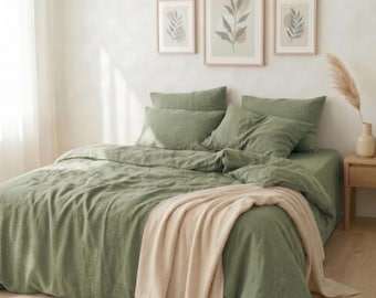 Sage Green Linen Duvet Cover Set - Soft Washed Cotton Bedding - Earthy Room Decor - Full/Queen/King Size Quilt Cover with Pillowcases