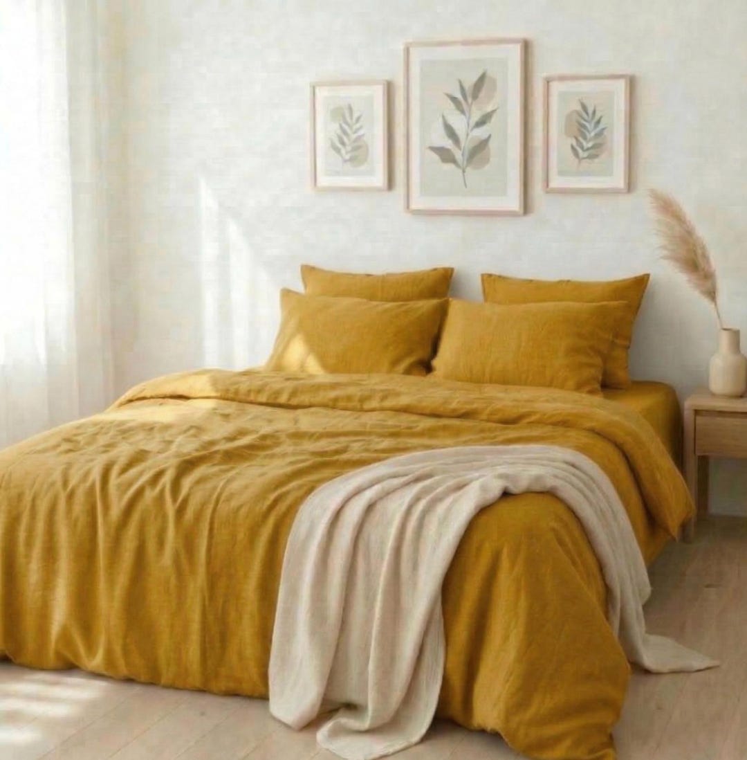 Mustard Yellow Linen Duvet Cover Set, Boho Bedding, Soft Ruched ...