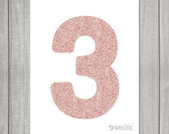 Rose Gold Glitter Number Sign - Back to School Signs - Birthday Signs - 3 - Three - 3rd Grade - 3rd Birthday