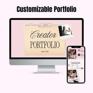 May include: A computer monitor and smartphone display a customizable portfolio design. The monitor shows a file folder with "Creator Portfolio" text. A small photo is pinned to the folder. The smartphone displays a portfolio layout with social media icons and content examples.