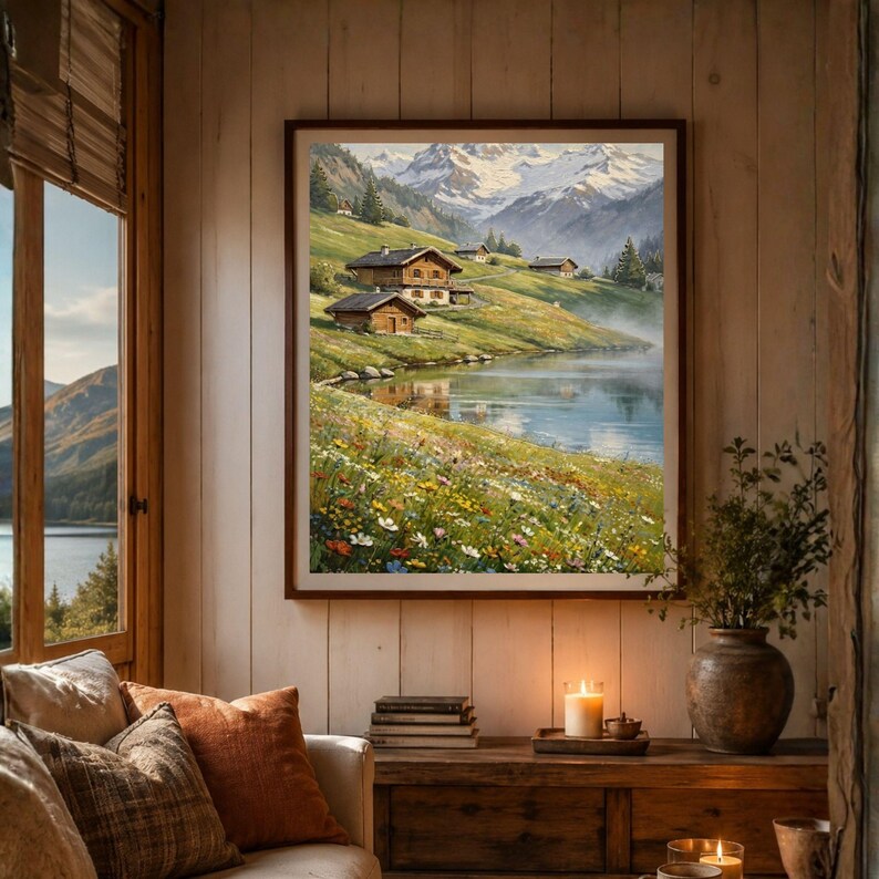 Alpine Landscape Print, Mountain Wall Art, Wildflower Meadow (digital ...