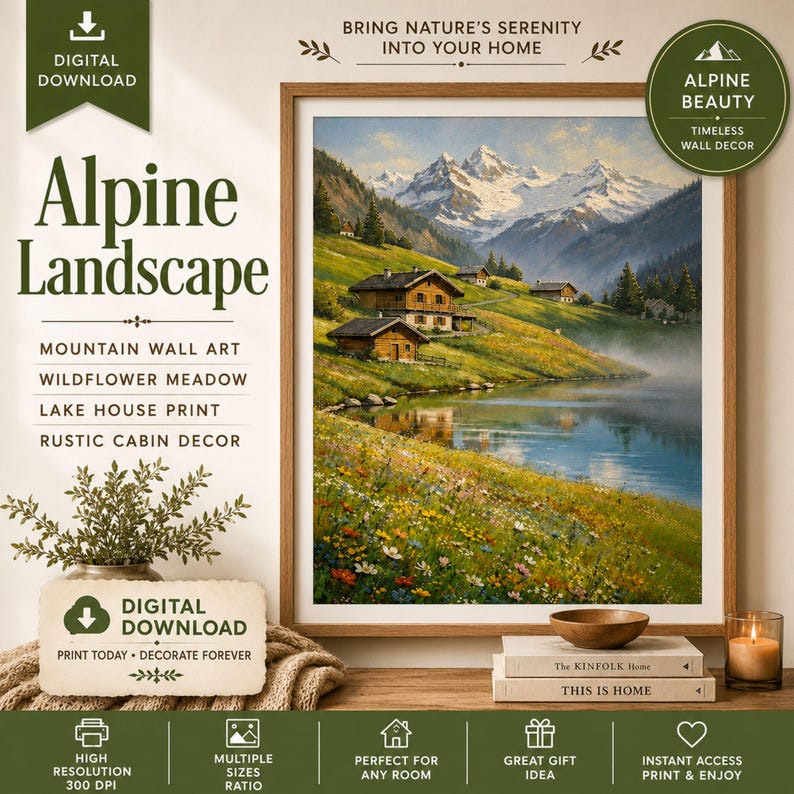 Alpine Landscape Print, Mountain Wall Art, Wildflower Meadow (digital ...