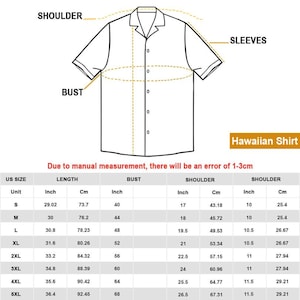 May include: A black and white line drawing of a short-sleeved button-down Hawaiian shirt with labels for shoulder, bust, and sleeves. Below the illustration is a sizing chart with columns for US size, length, bust, and shoulder in inches and centimeters.