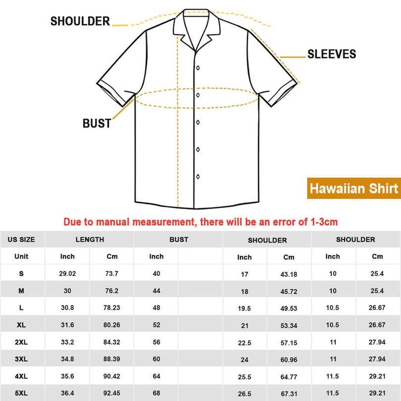 May include: A black and white line drawing of a short-sleeved button-down Hawaiian shirt with labels for shoulder, bust, and sleeves. Below the illustration is a sizing chart with columns for US size, length, bust, and shoulder in inches and centimeters.