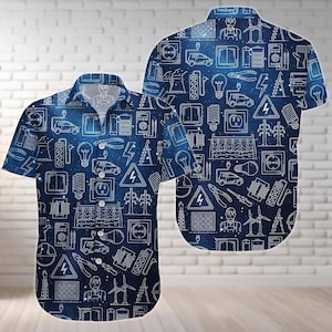 May include: A short-sleeved button-down shirt with a navy blue background and a white outline pattern of electrical tools, light bulbs, and power symbols. The shirt has a classic collar and a relaxed fit.