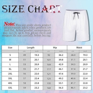 May include: A size chart for white shorts with a drawstring waist. The chart displays length, hip, and waist measurements in both centimeters and inches for sizes S through 5XL. Text includes 'SIZE CHART' and a note regarding measurement variations.