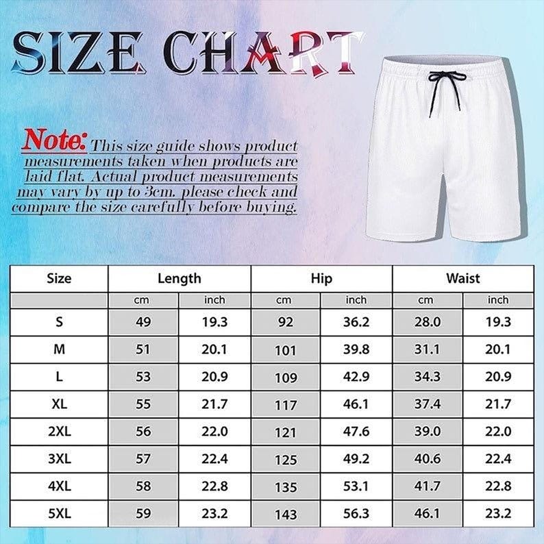 May include: A size chart for white shorts with a drawstring waist. The chart displays length, hip, and waist measurements in both centimeters and inches for sizes S through 5XL. Text includes 'SIZE CHART' and a note regarding measurement variations.