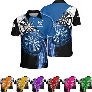 May include: A blue and black polo shirt with a dartboard design. The shirt has a black collar and short sleeves. The design includes the text "YOUR NAME". Additional shirts in orange, yellow, purple, red, pink, and green are displayed below.