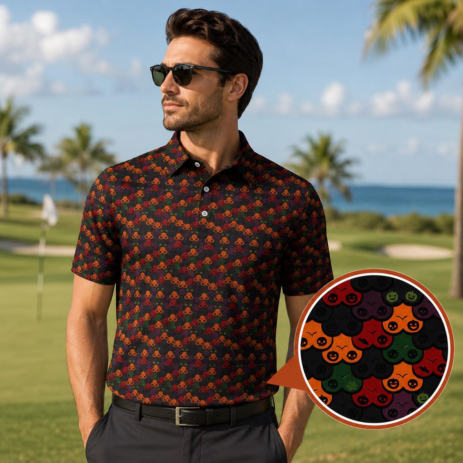 Halloween Polo Shirt , Spooky Golf Polo, Pumpkin Skull Pattern Polo, Funny Halloween Shirt,Halloween Gift, Golf Polo Shirt, Golf Lover Gift