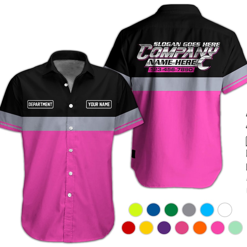 May include: A short-sleeve button-down shirt featuring a black upper section, a grey horizontal stripe, and a pink lower section. The front includes text boxes for DEPARTMENT and YOUR NAME. The back displays SLOGAN GOES HERE, COMPANY NAME HERE, and 123-456-7890.